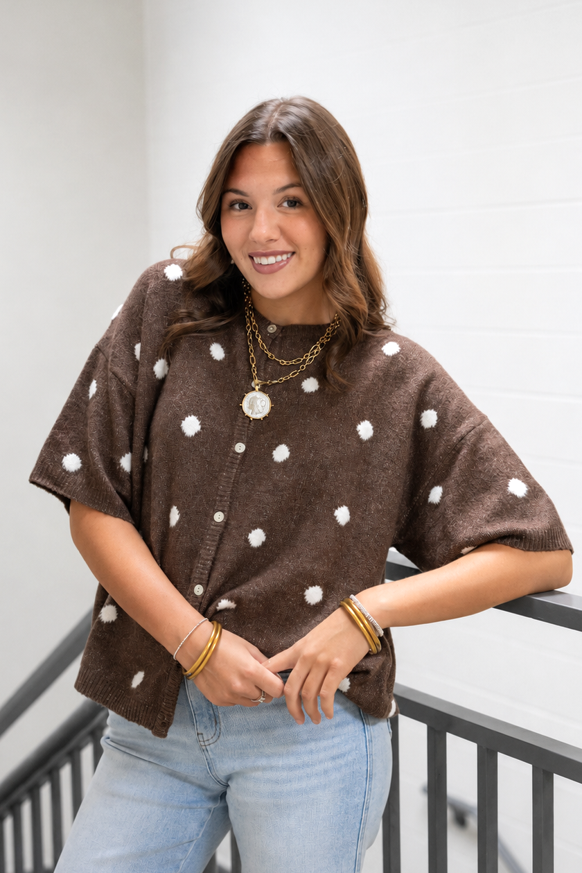 Short Sleeve Crew Neck Polka Dot Sweater Cardigan