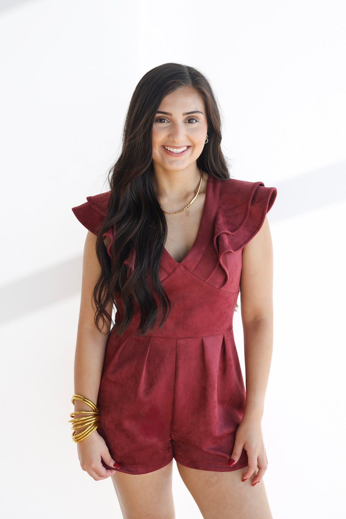 SUEDE RUFFLE DETAIL ROMPER