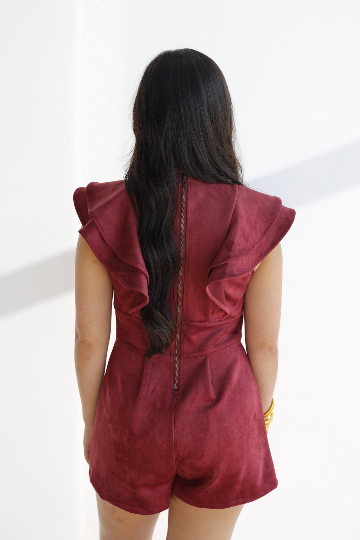 SUEDE RUFFLE DETAIL ROMPER