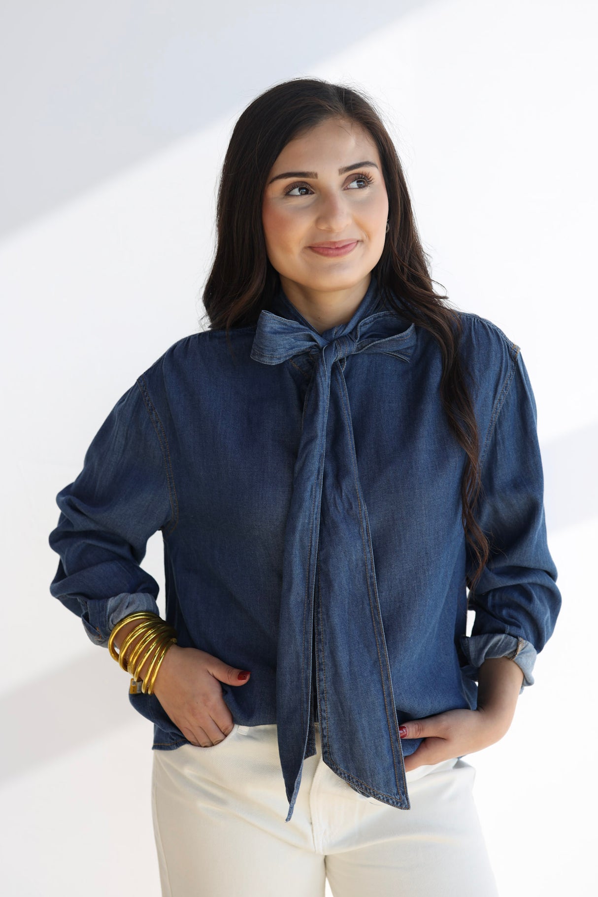 Denim Tie Long Sleeve Blouse