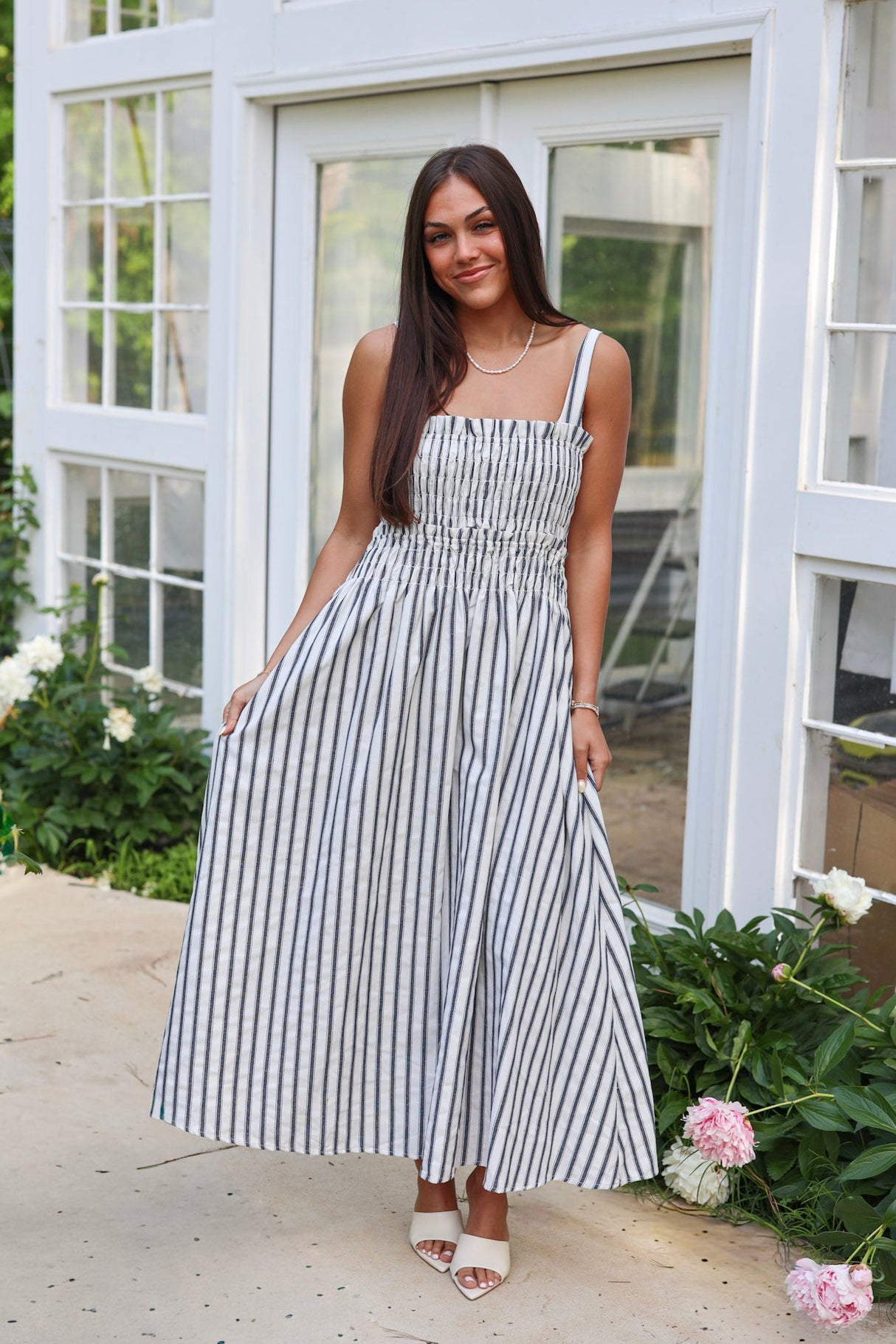 Smocked Bodice Adjustable Straps Striped Dress