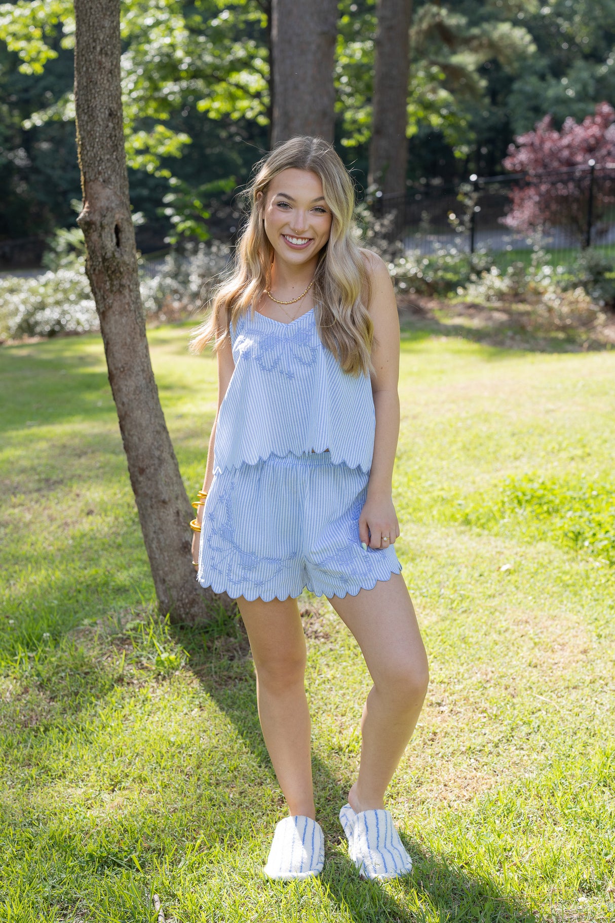 Bow Embroidered Pajama Shorts