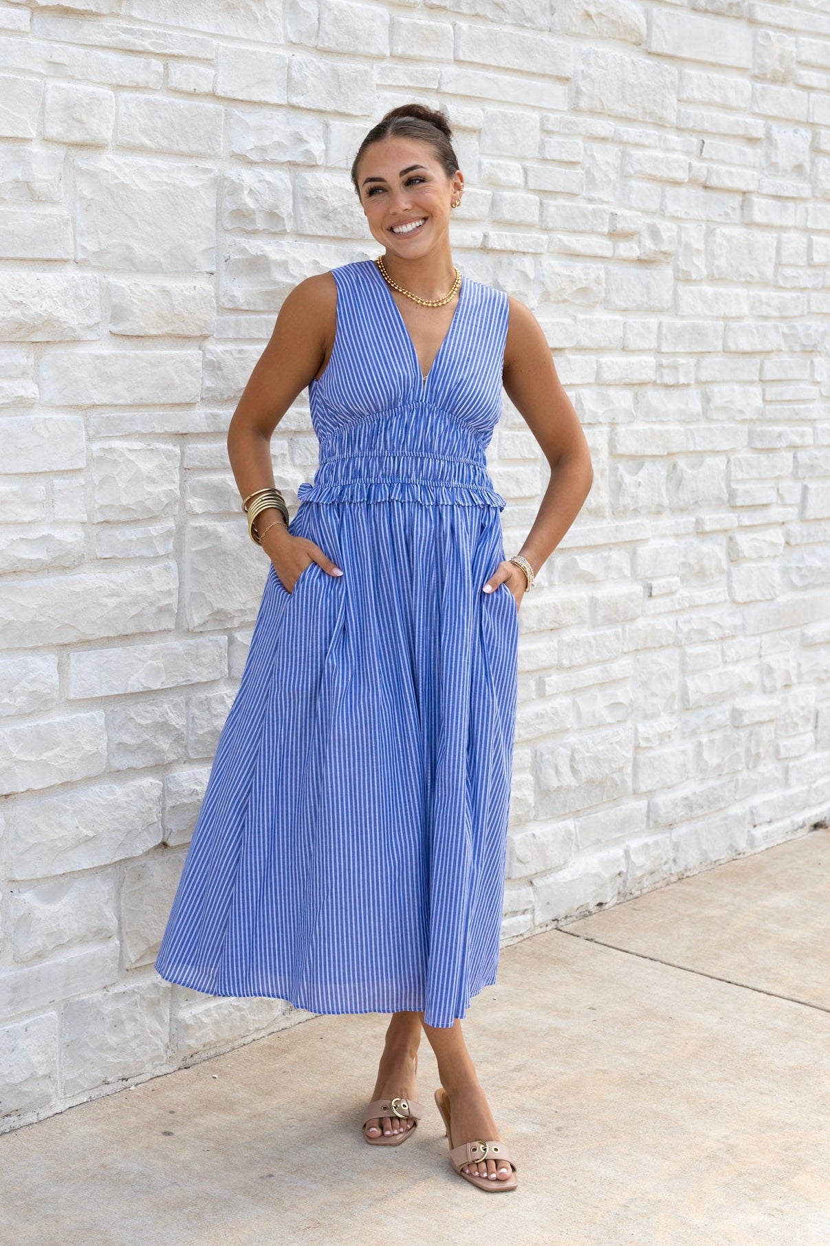 Striped Cotton Poplin Shirred Waist Midi Dress