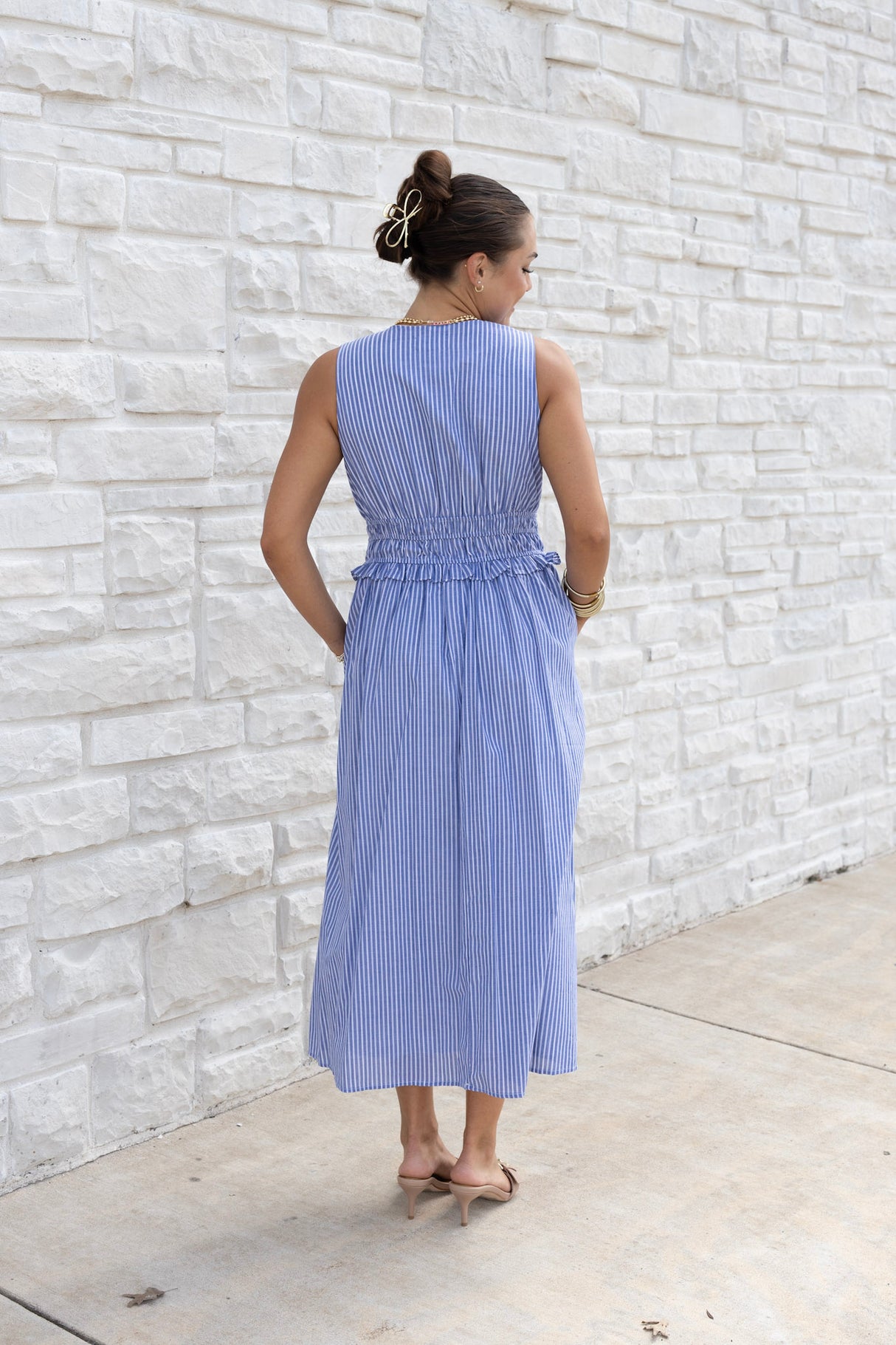 Striped Cotton Poplin Shirred Waist Midi Dress