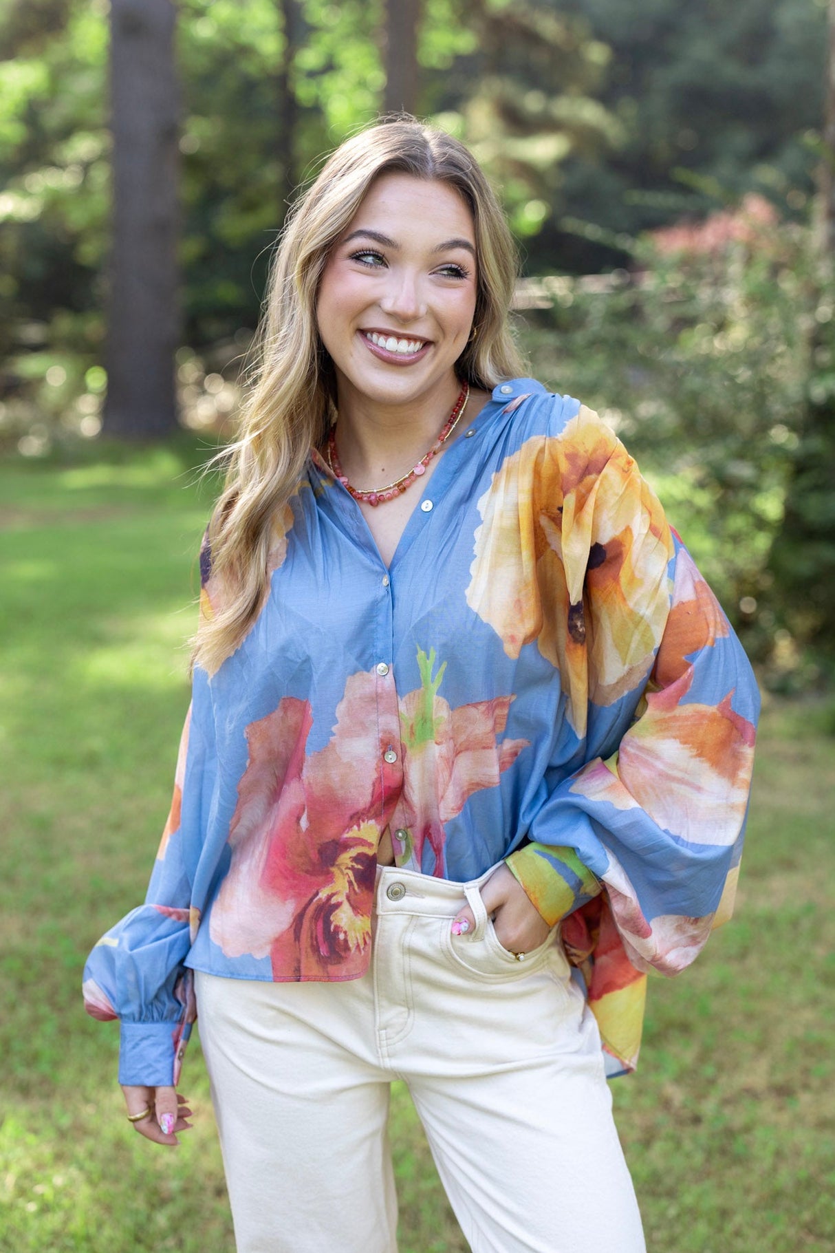 Floral Print Bishop Sleeve Blouse