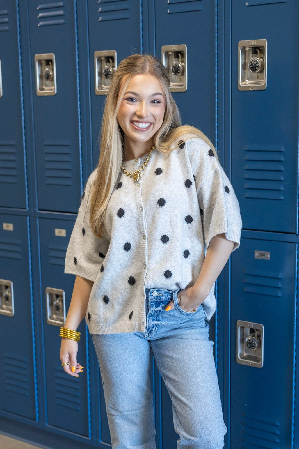 Short Sleeve Crew Neck Polka Dot Sweater Cardigan