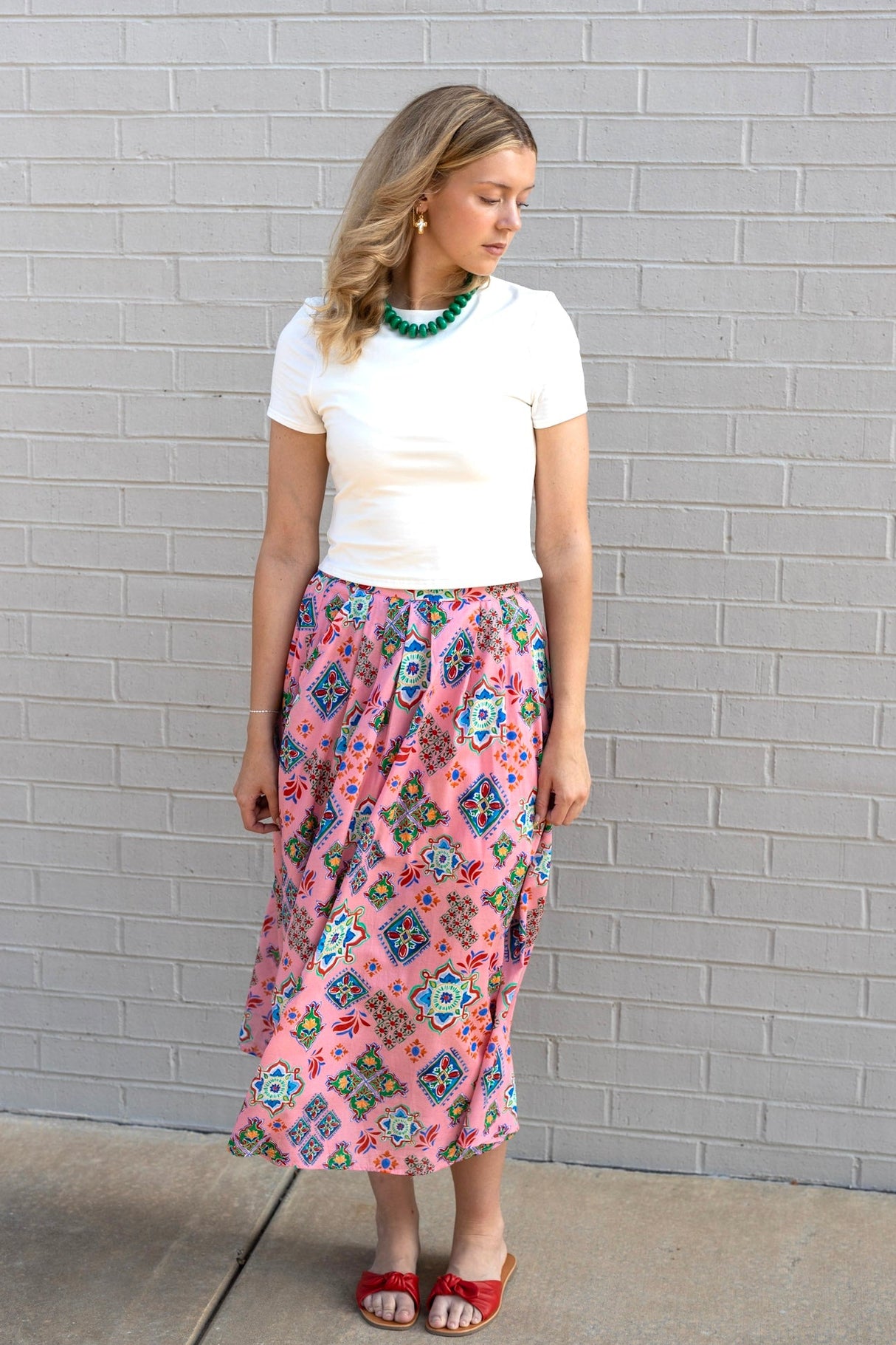 Majolica Tile Print Pleated Midi Skirt