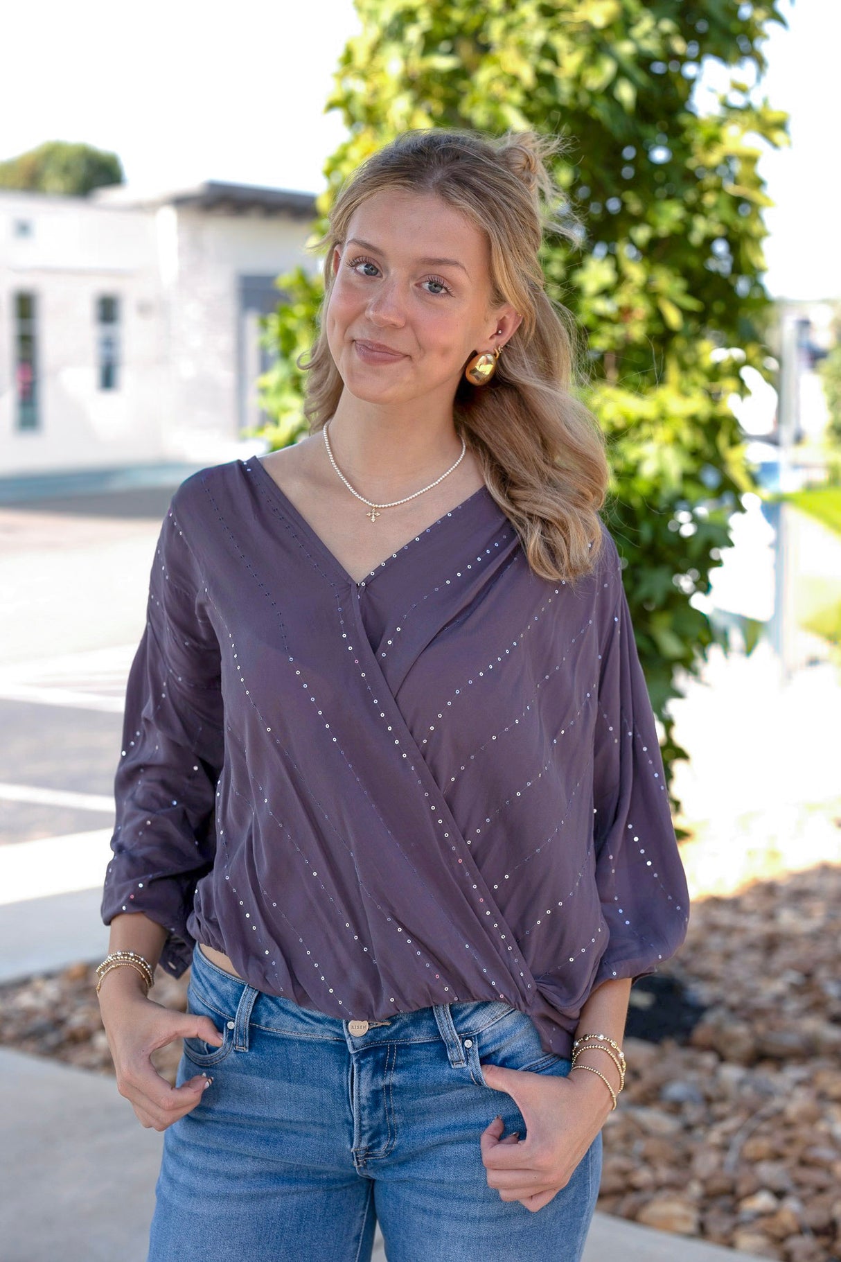Hi Lo Sequin Surplice Top