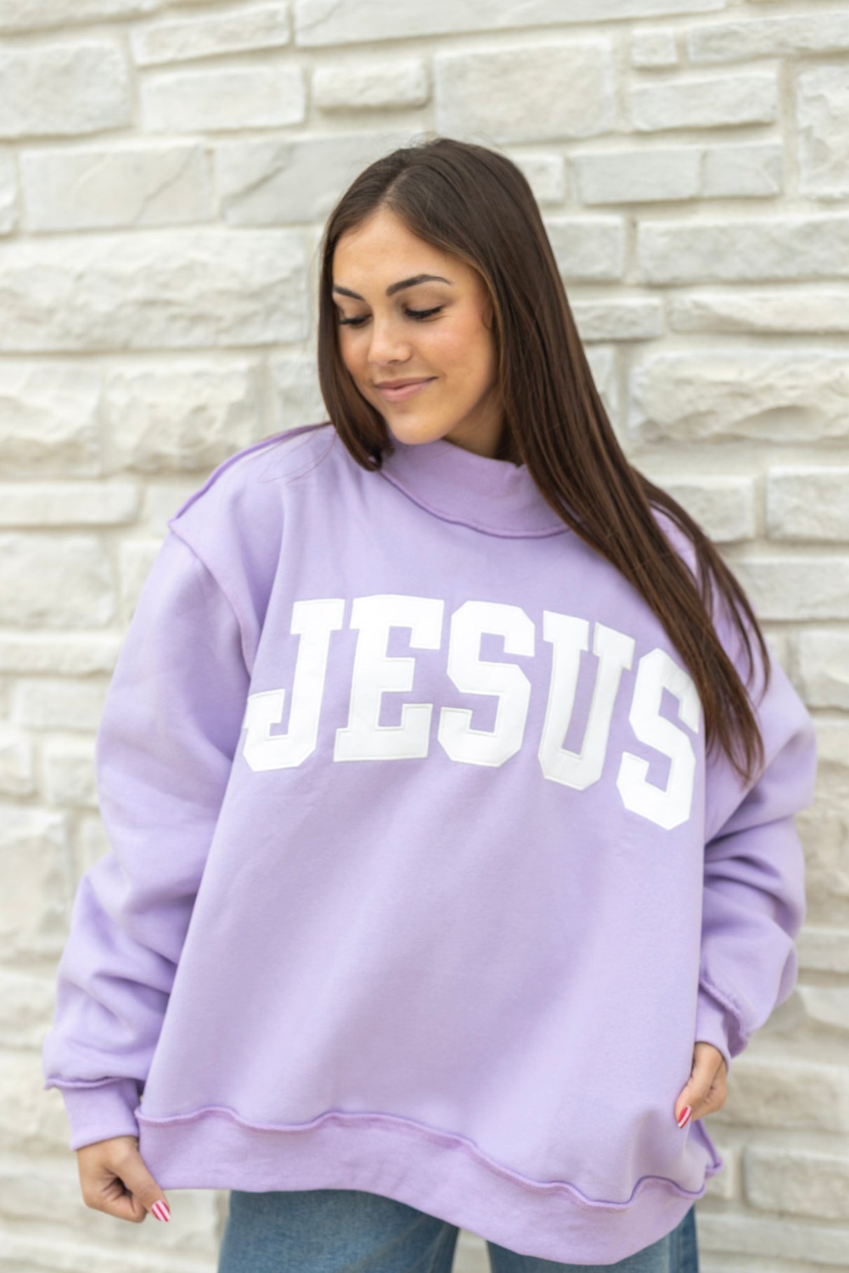 Jesus Embroidered Mock Neck Sweatshirt