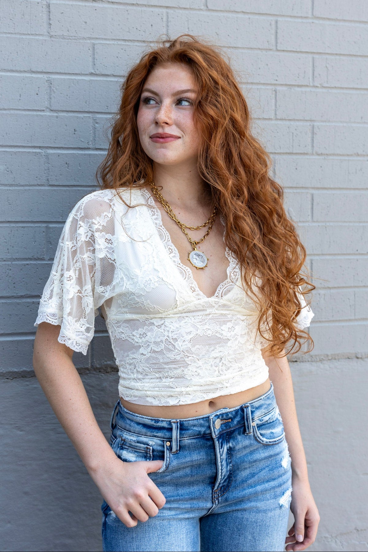 Scalloped Lace V-Neck Top