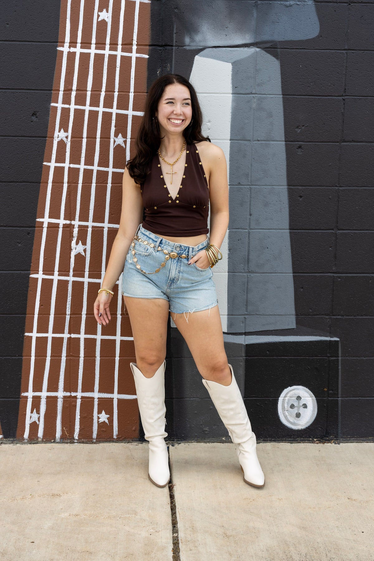 Studded Halter Plunge Knit Top