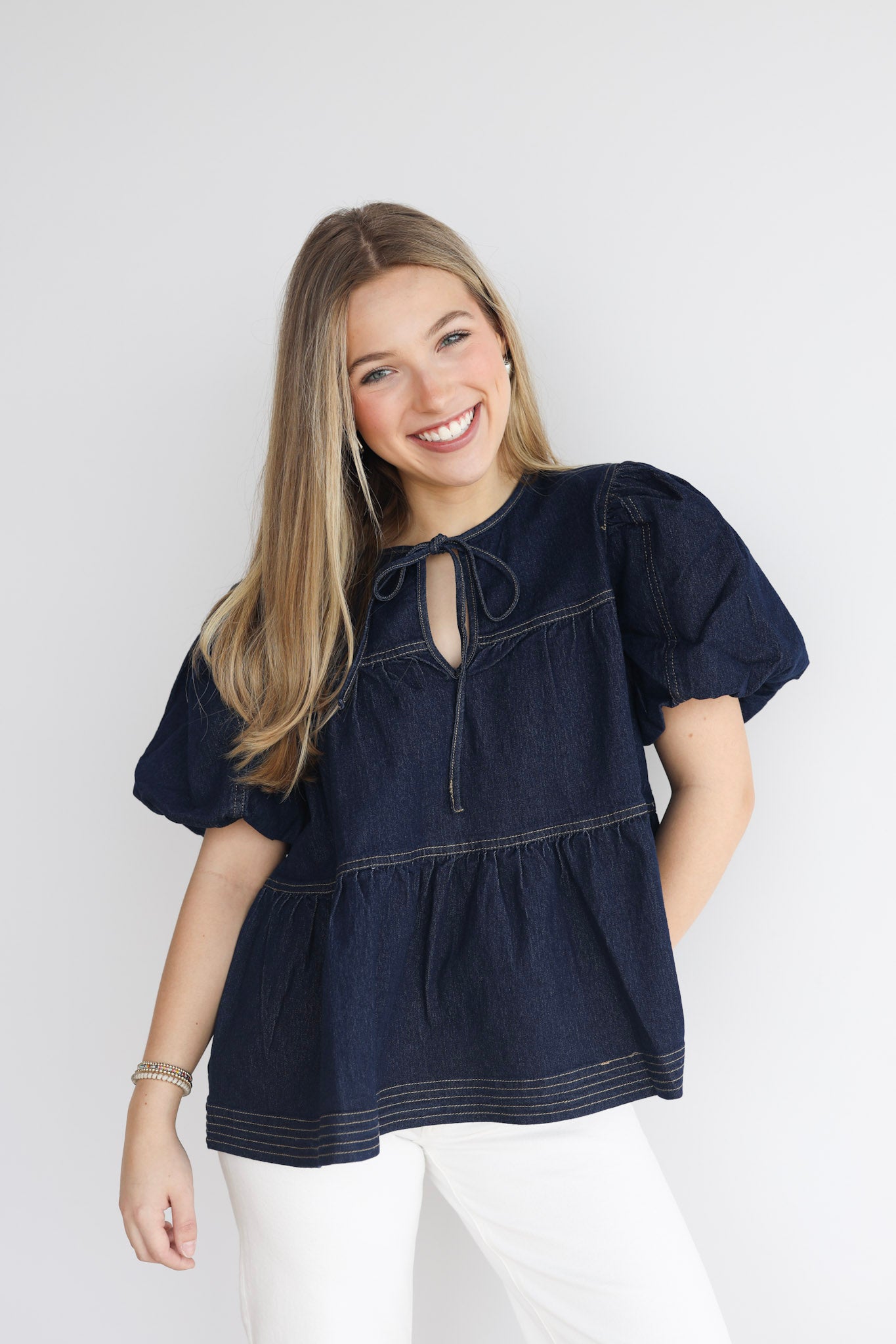 DENIM PUFF SLEEVE TIERED TOP