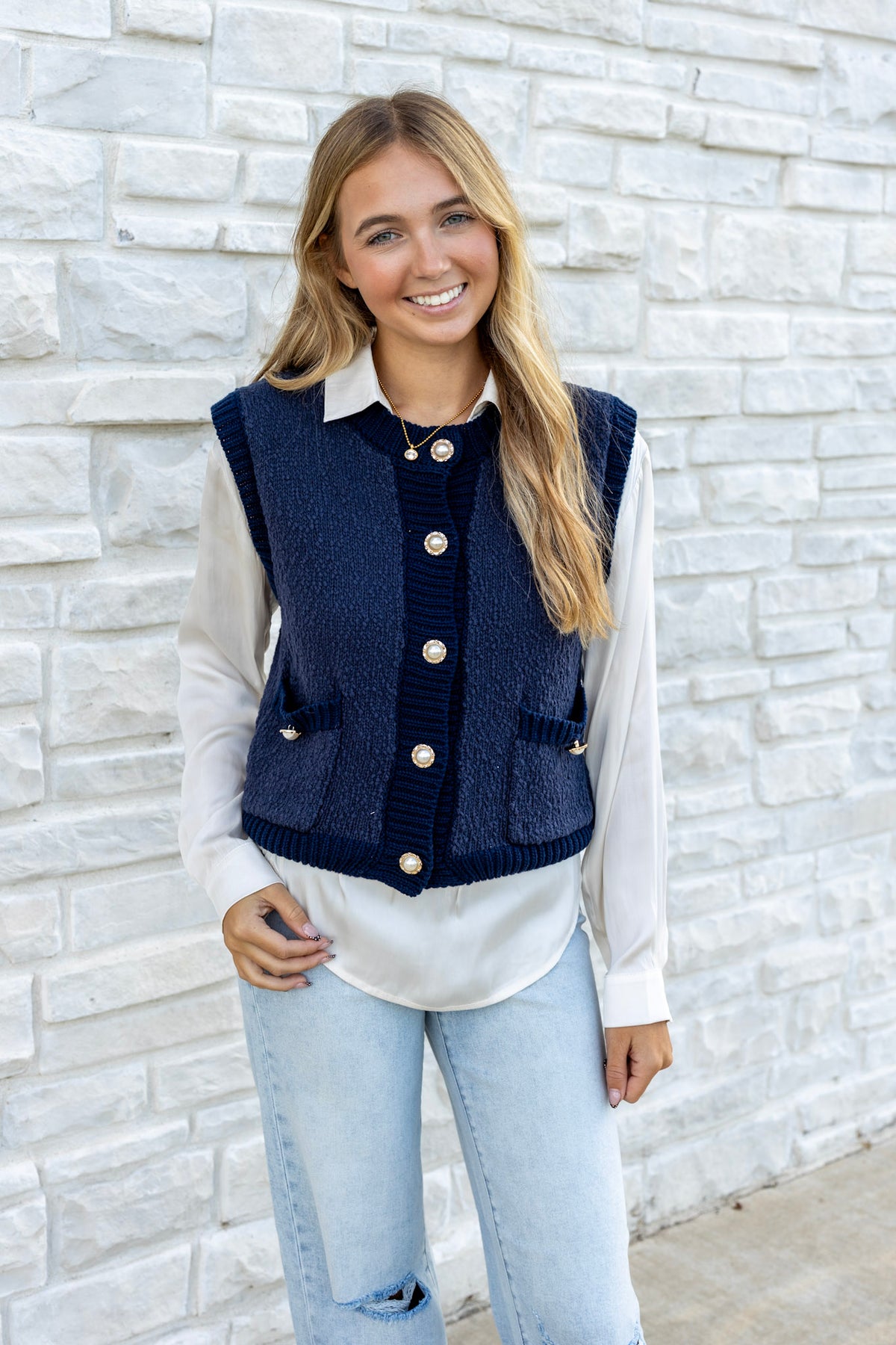Knitted Pearl Jeweled Button Vest Top