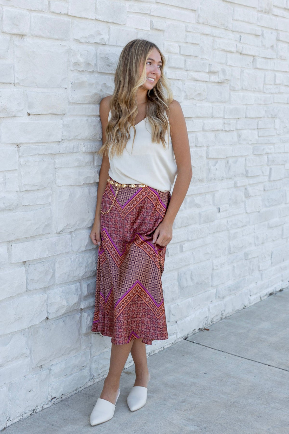 Geo Print Satin Midi Skirt
