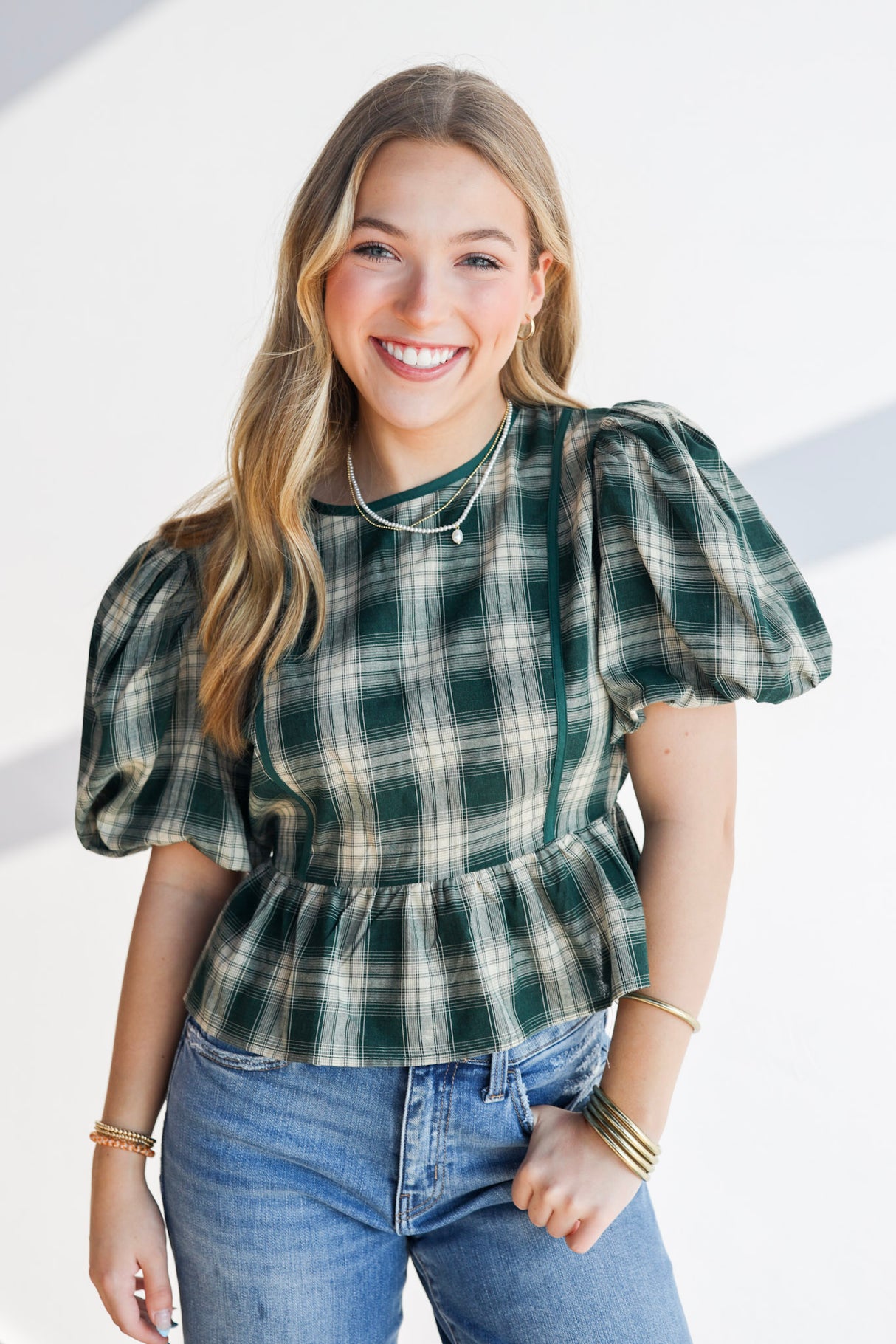 Contrast Bubble Plaid Top