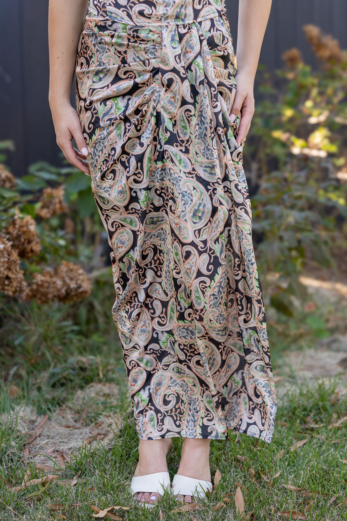 Posh Paisley Draped Wrap Midi Skirt
