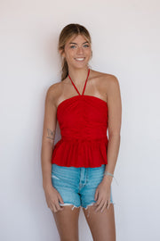 RUCHED RUFFLE HALTER TOP