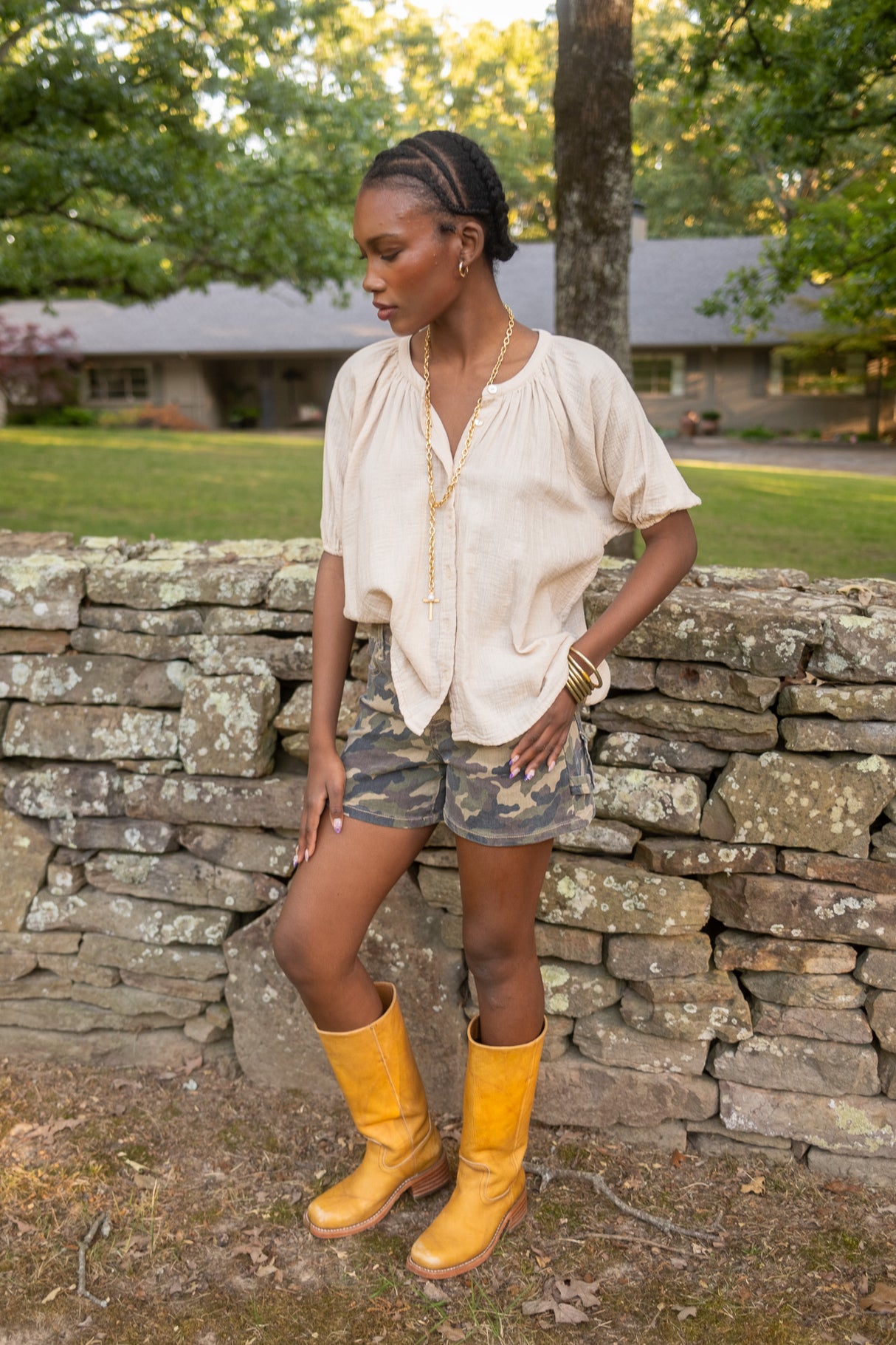 Camo Stretch Clean High Rise Dad Shorts