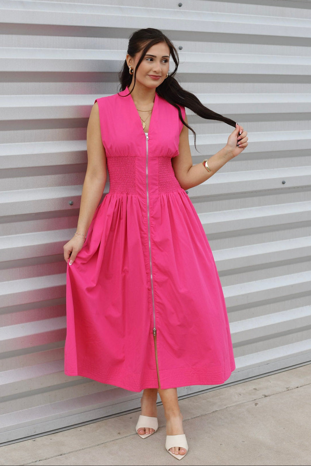 Center Front Zipper Detail Smocked Waist Midi Dress