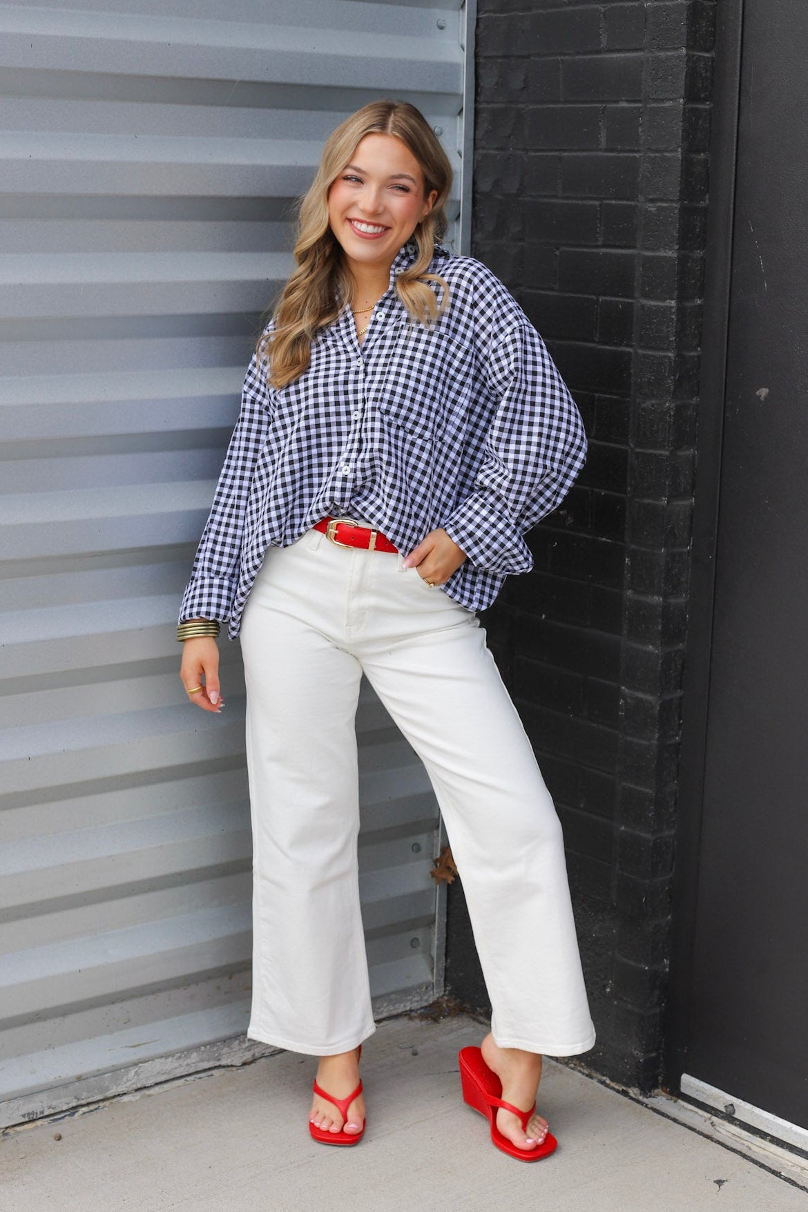 Oversized Gingham Button Top
