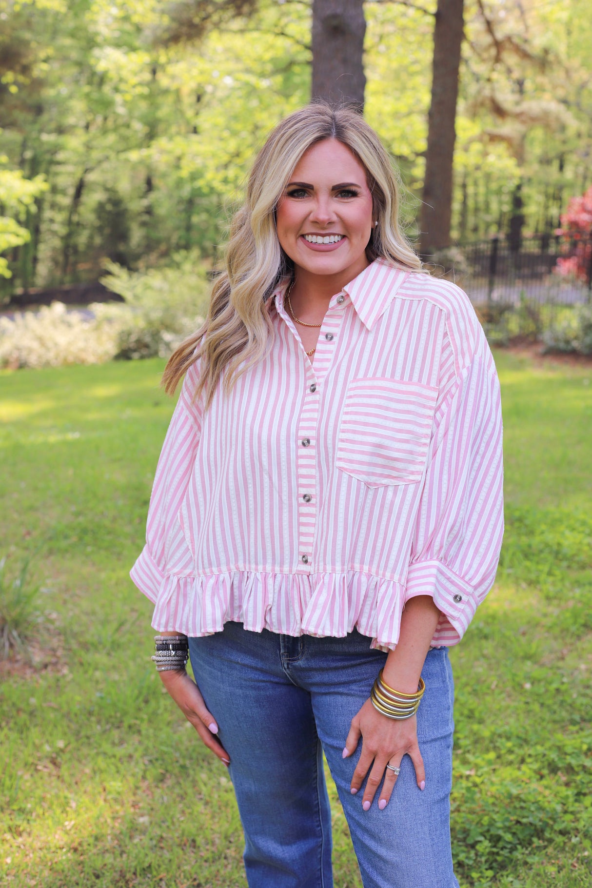Classic Stripe Ruffle Button-down