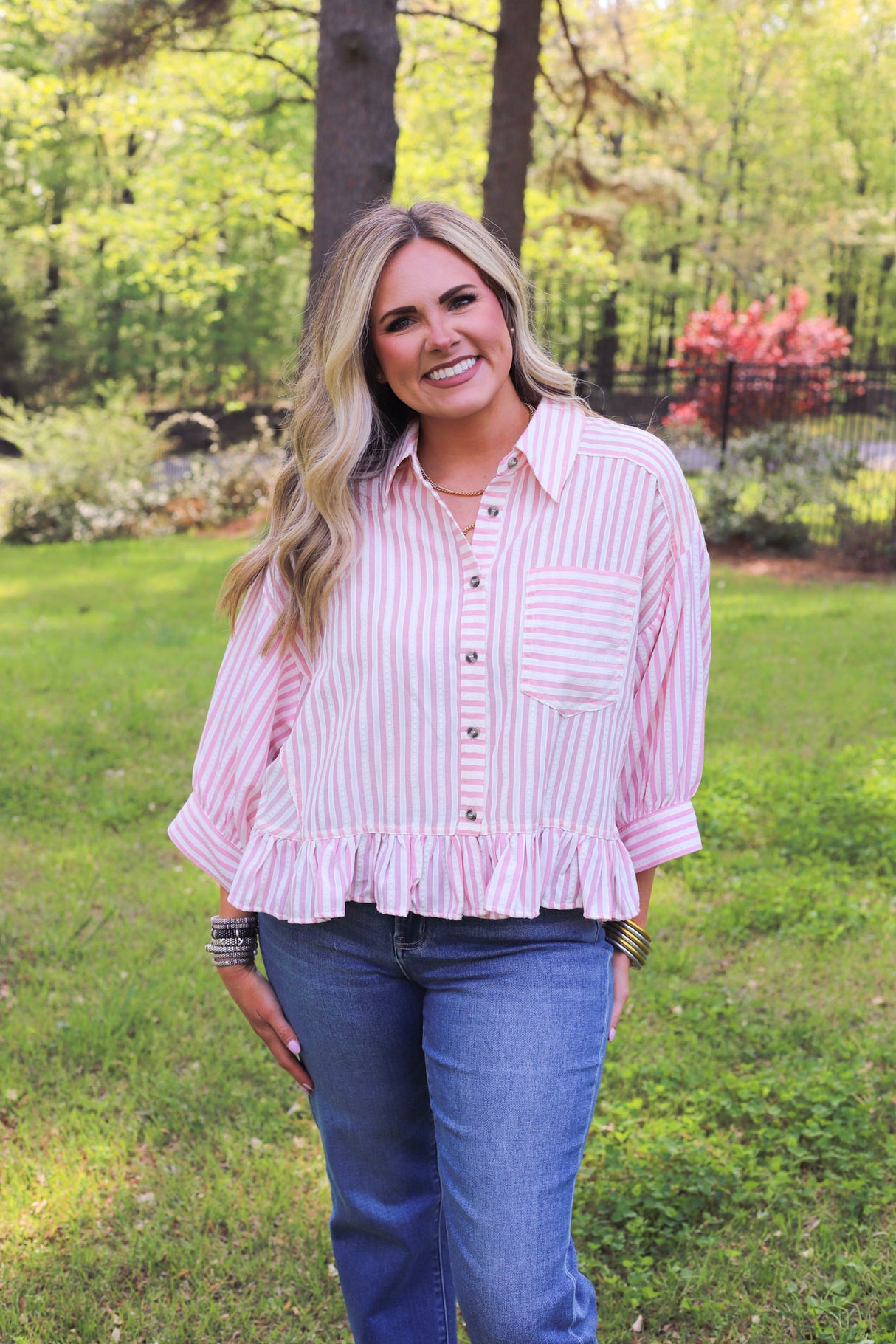 Classic Stripe Ruffle Button-down