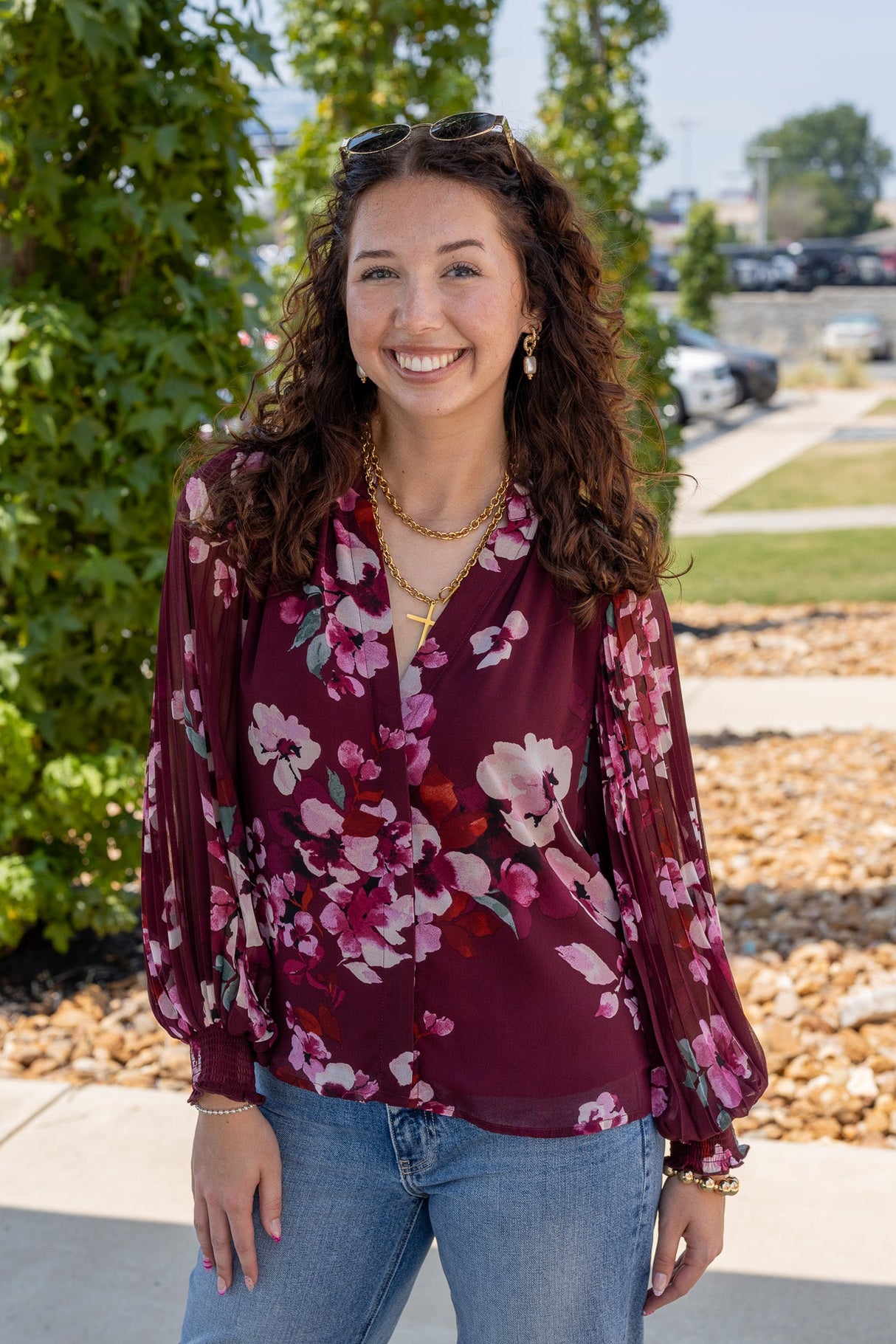 Pleated Sleeve Button Down Blouse