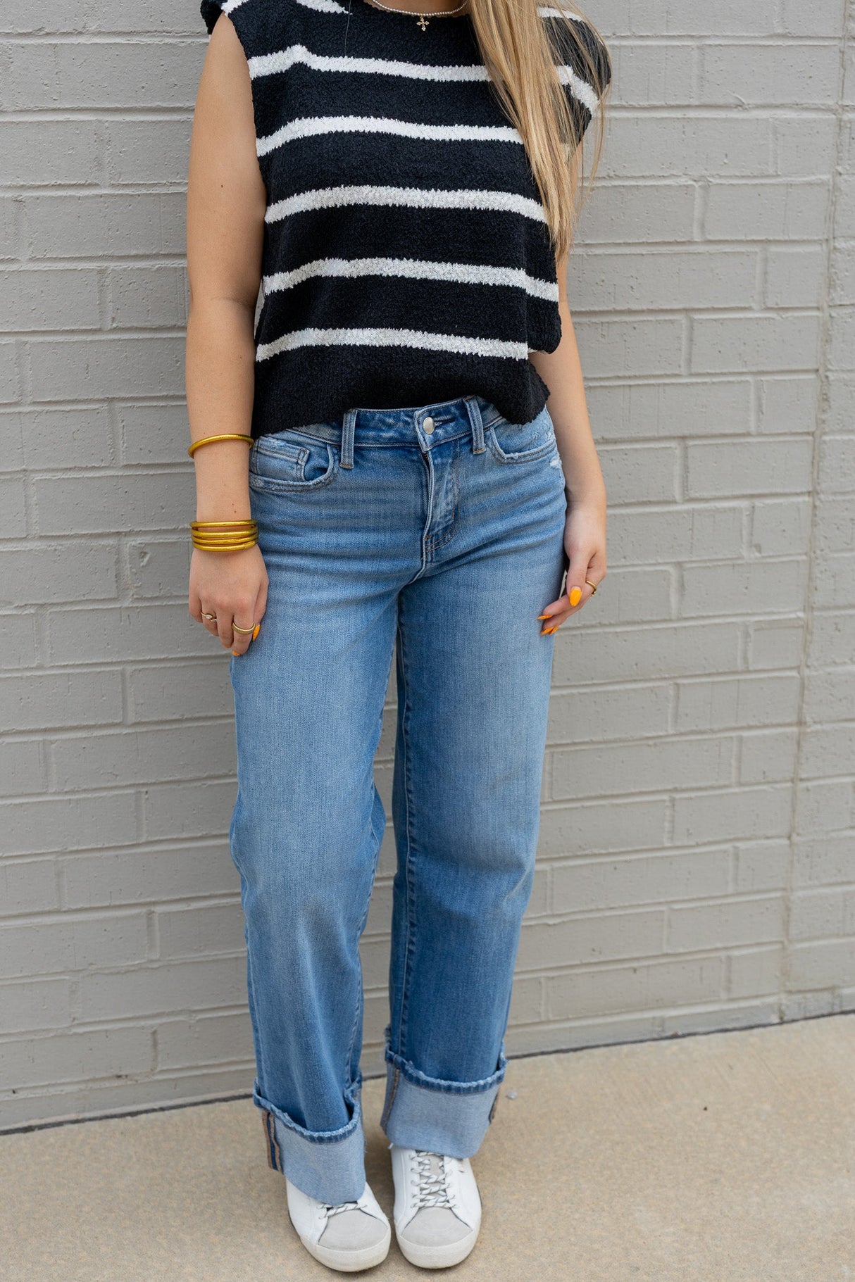 Shoulder Pad Sleeveless Striped Knit Top