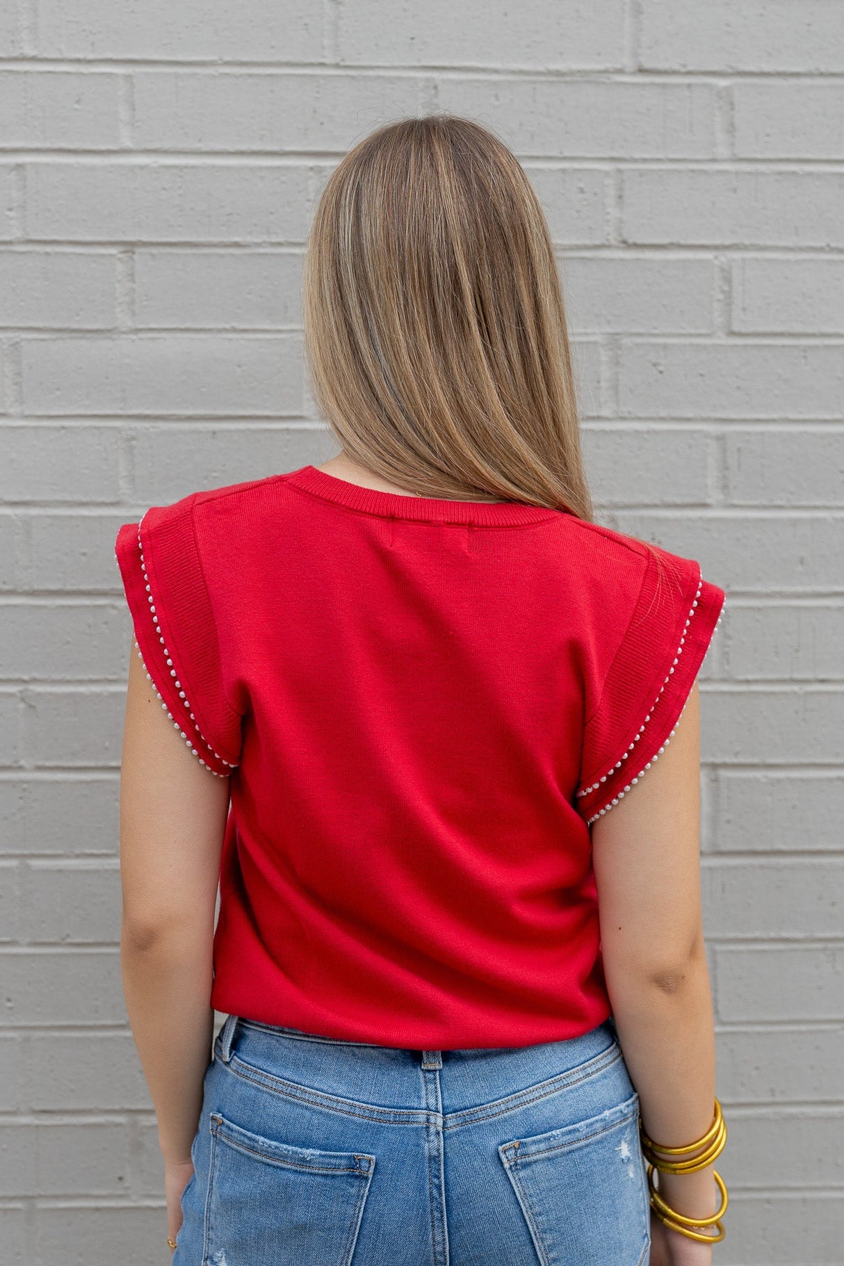 Pearl Trim Sleeveless Knit Sweater Top