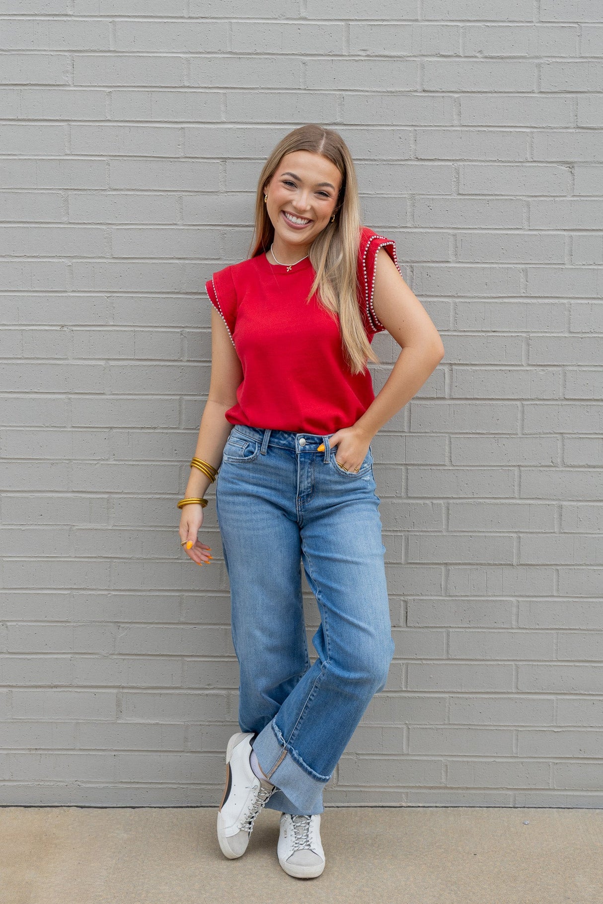 Pearl Trim Sleeveless Knit Sweater Top