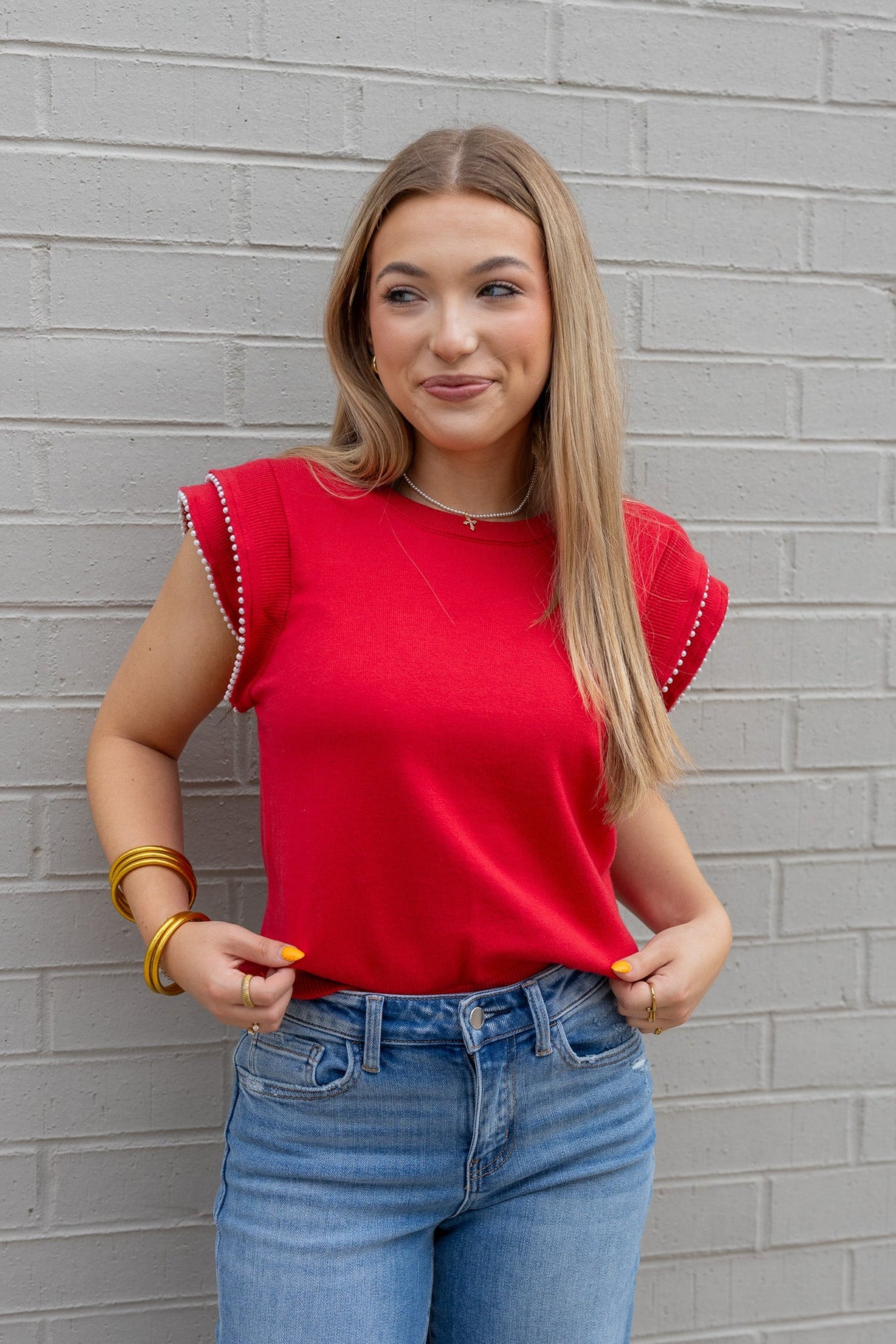 Pearl Trim Sleeveless Knit Sweater Top