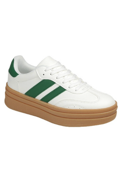 White sneaker with green stripes and brown sole on a white background