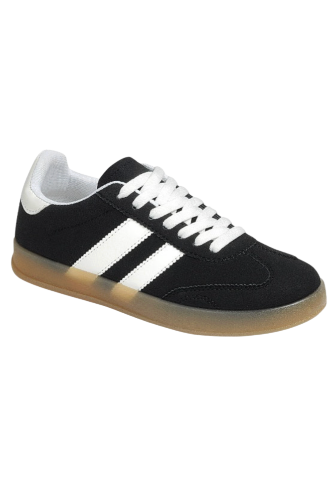 Black Adidas sneaker with white stripes on a white background