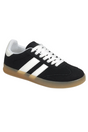 Black Adidas sneaker with white stripes on a white background