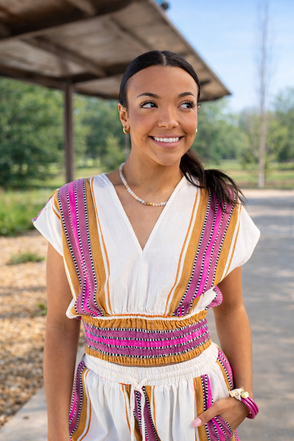 Stripe V-Neck Cinched Top