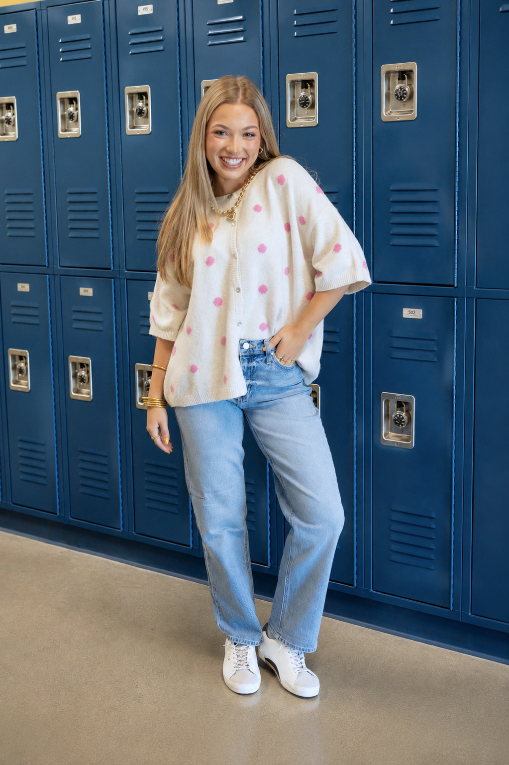 Short Sleeve Crew Neck Polka Dot Sweater Cardigan