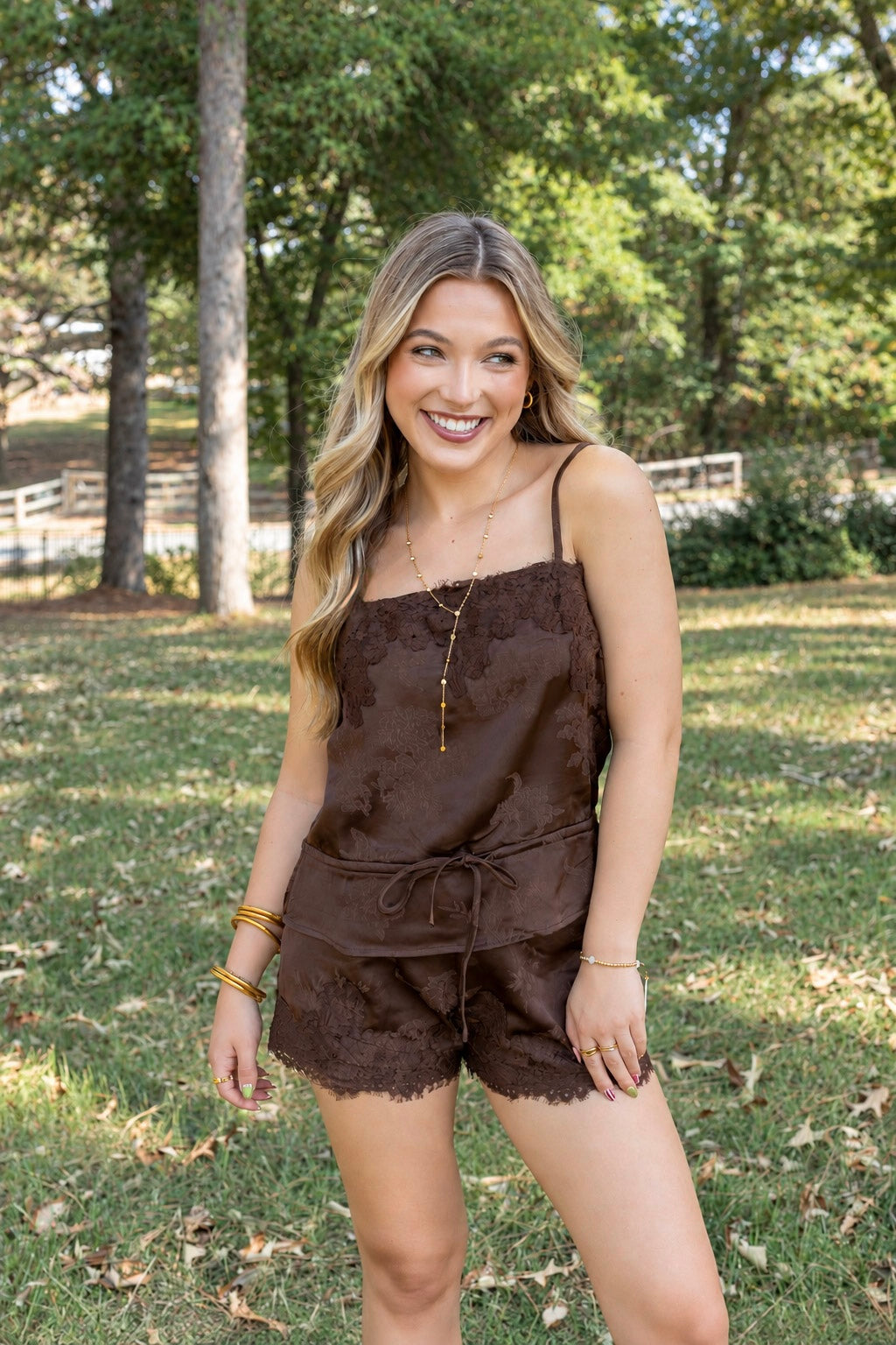 Lace Trim Satin Cami & Shorts Set