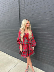 PLAID VELVET BOW DRESS