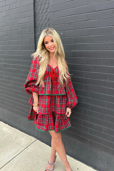 PLAID VELVET BOW DRESS