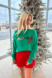 MERRY CURSIVE TINSEL SWEATER