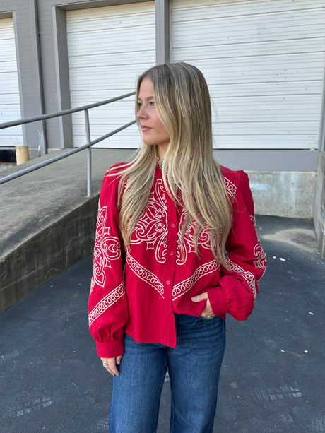EMBROIDRD MOCK BUTTON UP TOP