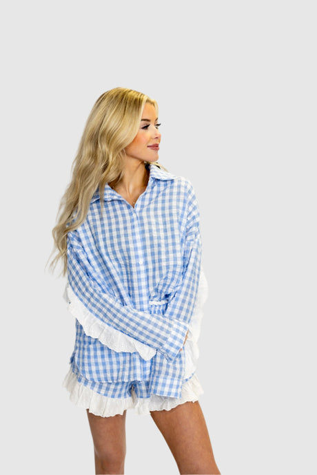 GINGHAM LACE TRIM PJ TOP