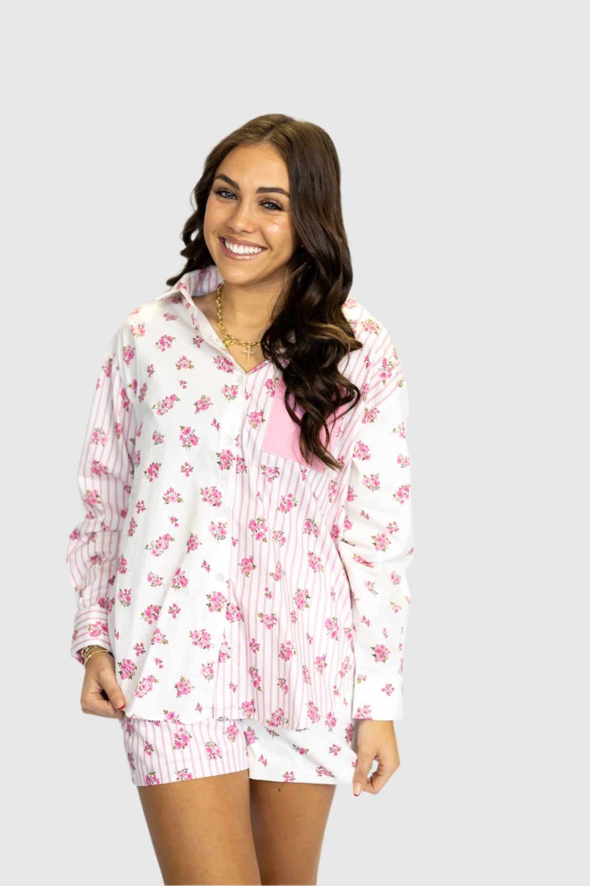 FLORAL STRIPE MIX PJ SHORTS