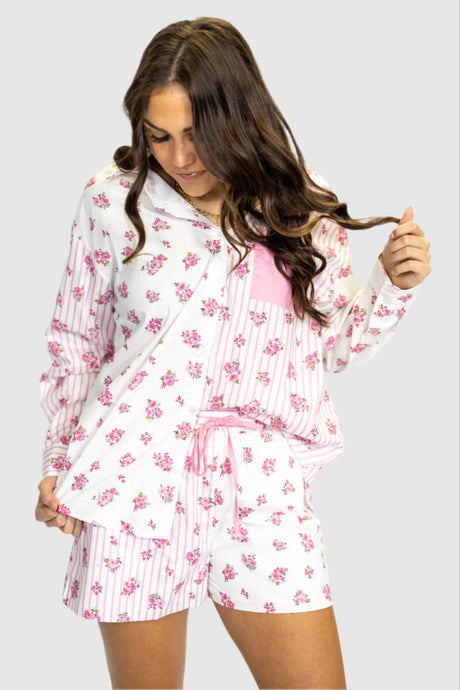 FLORAL STRIPE MIX PJ SHORTS