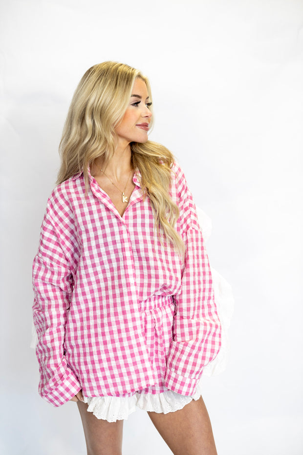 GINGHAM LACE TRIM PJ TOP