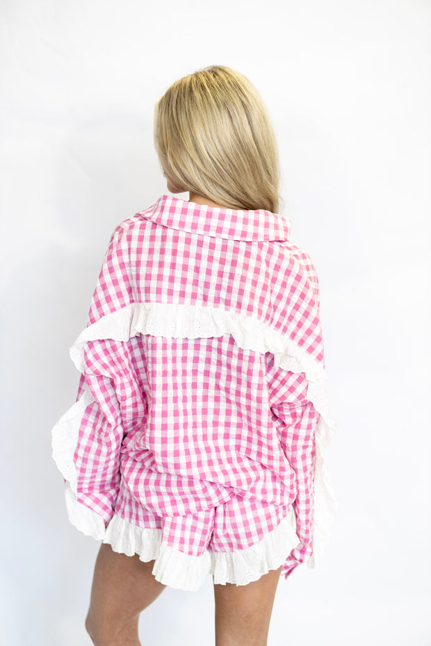 GINGHAM LACE TRIM PJ TOP