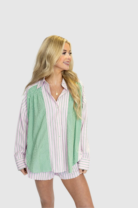 STRIPE MIX SHIRRING PJ TOP