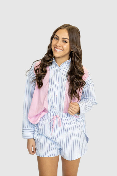 STRIPE MIX SHIRRING PJ TOP