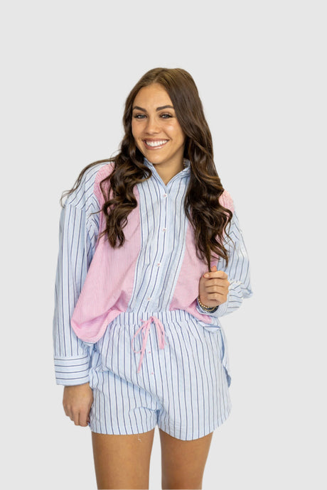 STRIPE MIX SHIRRING PJ TOP