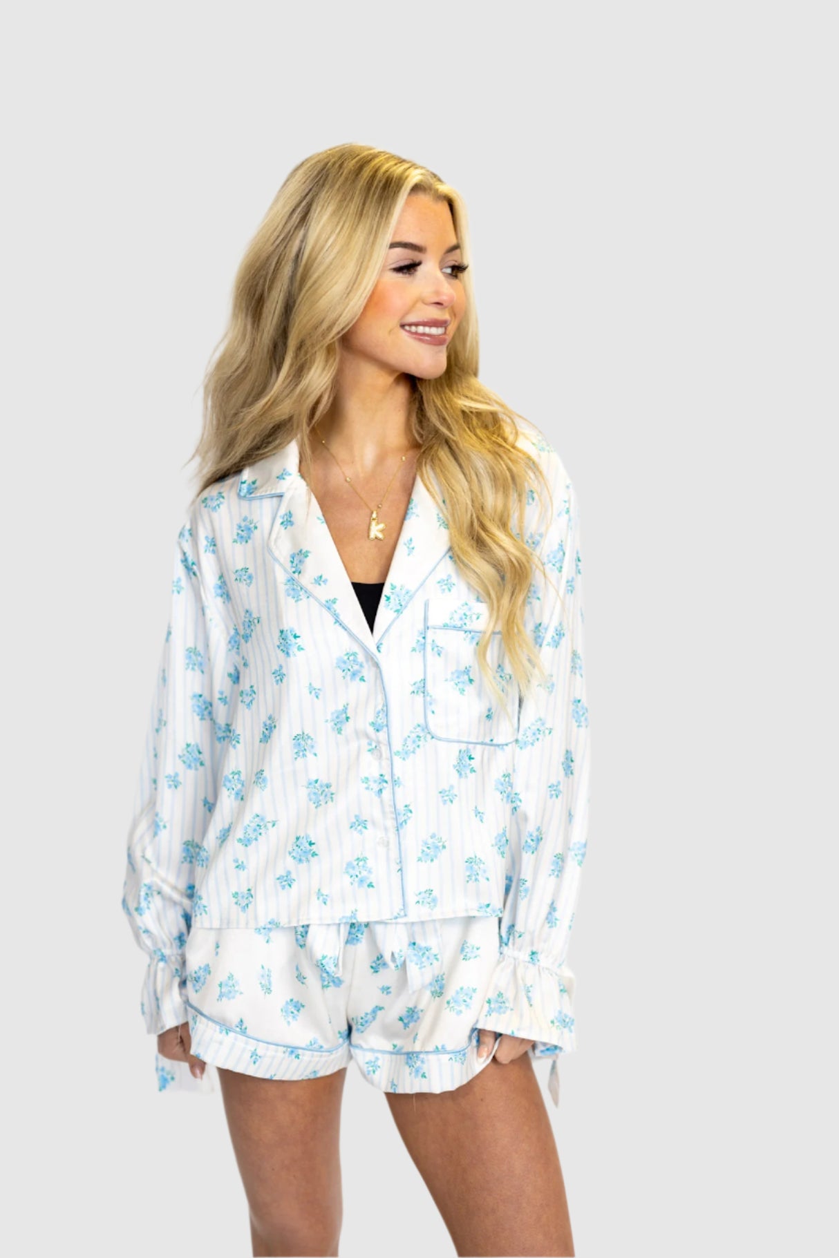 STRIPED FLORAL PJ POCKET TOP